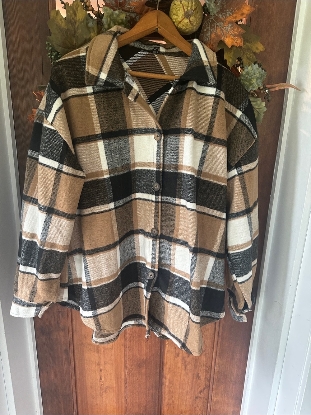 ZAFUL Plaid Button Down Shacket Flannel Jacket Brown Black Cream Size Large